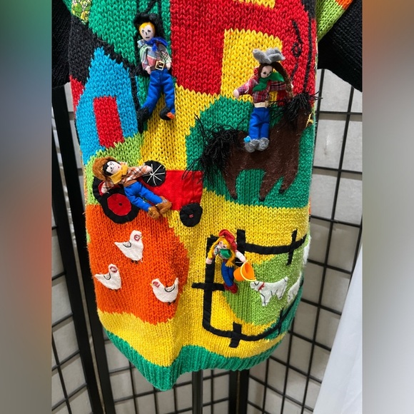 Raquel's Collection Black Knit Sweater FOLK ART. 3D FARM. VINTAGE SIZE L - Picture 8 of 11